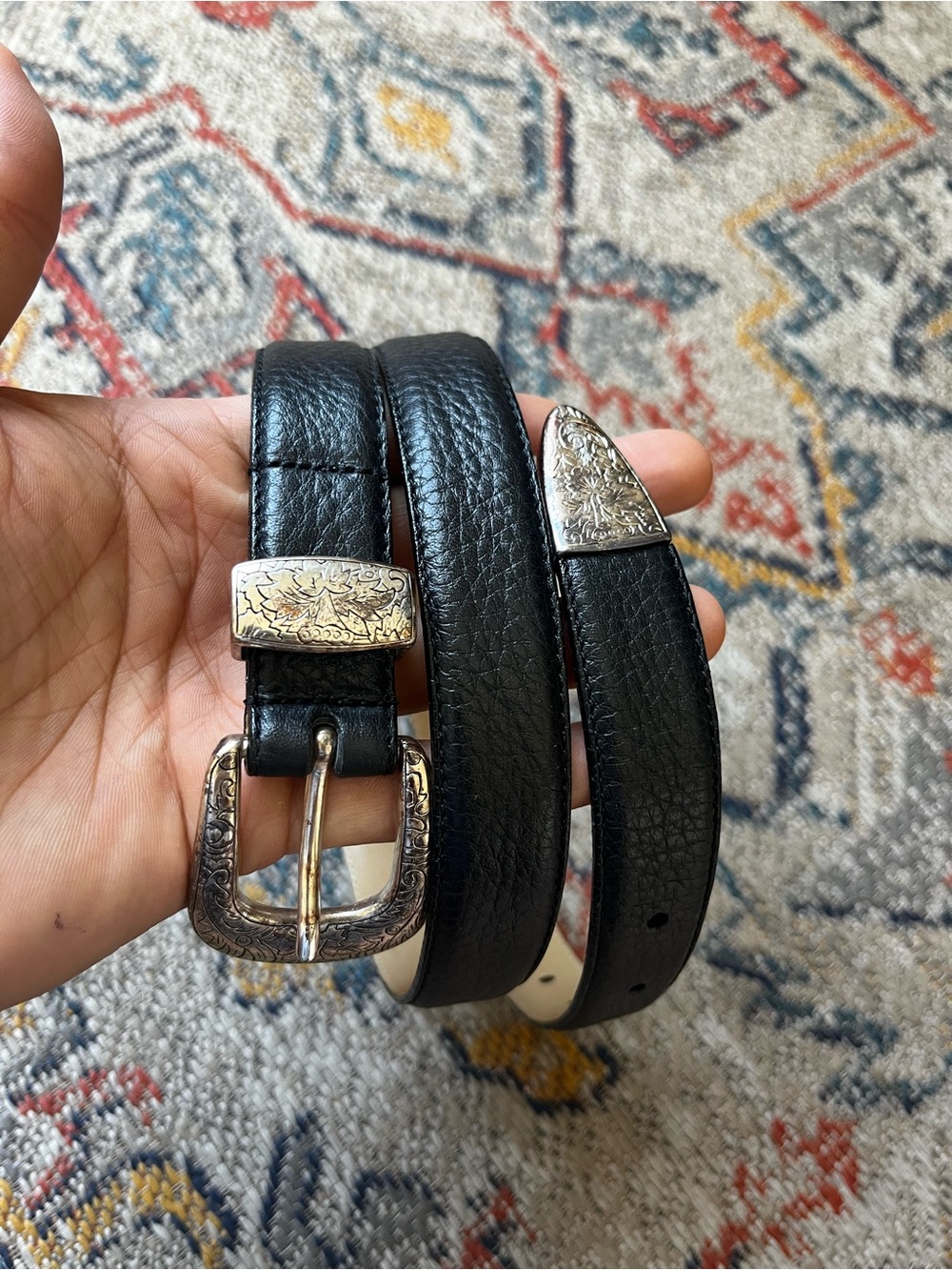 Men's Black Leather Western Belt with Engraved Silver Buckle Size 36